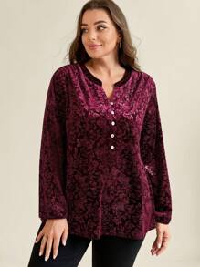 SHEIN Clasi Plus Size Women Floral Print V-Neck Long Sleeve Elegant Blouse