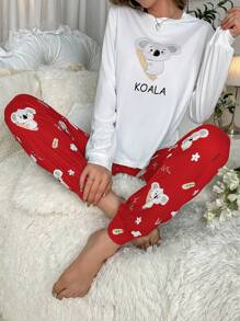 Koala Print Long Sleeve Pajama Set, Fall Winter Clothes, Christmas - Multicolor - View 4