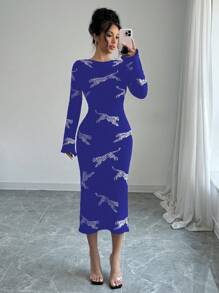 Elenzga Đầm suông cổ tròn dài tay in họa tiết da báo cho nữ dáng ôm thường ngày - Màu xanh lam - Xem 3