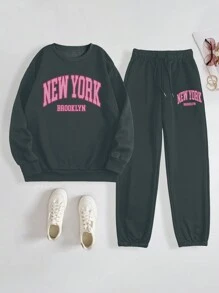 INAWLY 2pcs/Set Women Letter Print Round Neck Long Sleeve Casual Top And Pants Set - Dark Grey - View 3