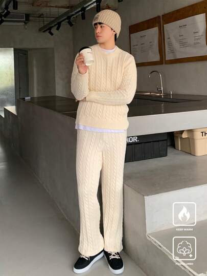 Manfinity CasualKnits 男式 2 件套纯色麻花图案圆领长袖毛衣上衣和裤子针织套装