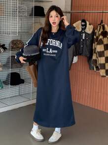 DAZY Women's Solid Color Fleece Casual Loose Long Sleeve Printed Mid-Length Dress Fall,Winter