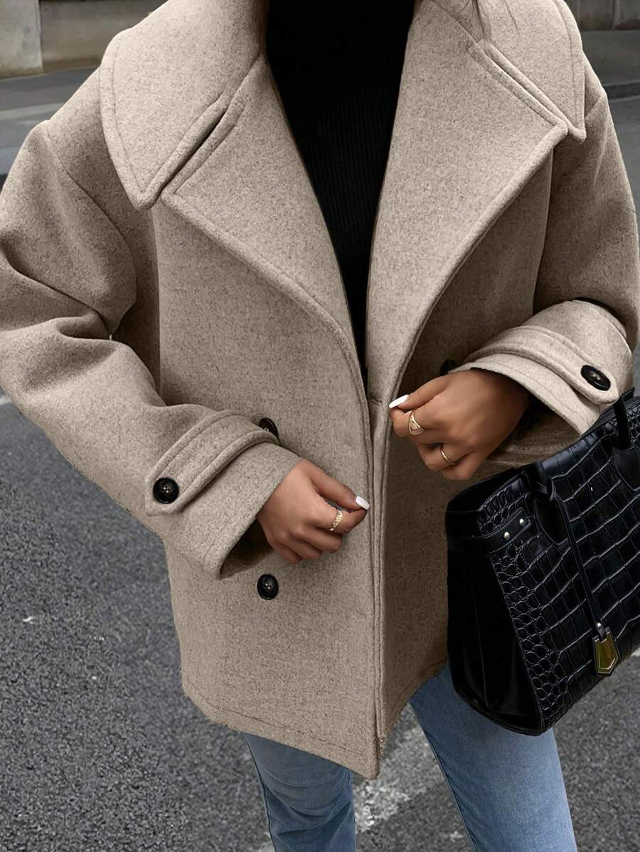 EMERY ROSE 女士休闲翻领落肩宽松中长款大衣，秋冬 - 杏色 - 查看 1