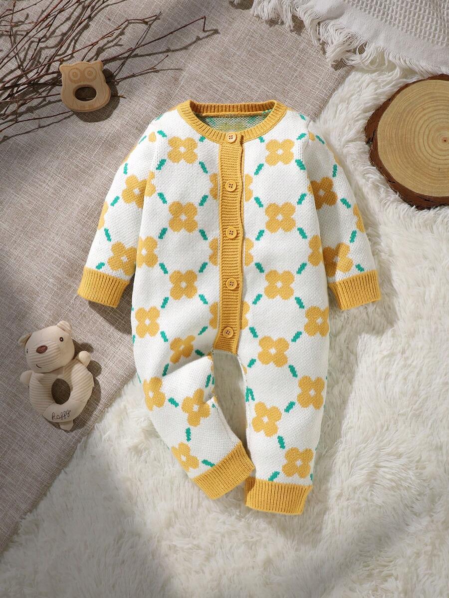 SHEIN Pelele de una pieza de punto jacquard con flores adorables para bebé niña, cuello redondo, manga larga, traje de gateo, dulce y pequeña princesa para uso casual diario - Amarillo - Ver 1