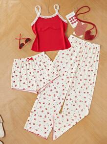 3 stuks/set Floral Lace Slip Top & Shorts & Extra-Long Pants Pyjama Set voor meisjes, Vintage Stijl