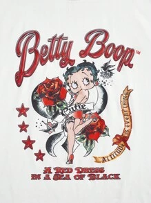 Betty Boop x SHEIN Women Cartoon Print Short Sleeve T-Shirts, For Christmas - White - View 6