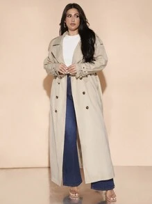 SHEIN BAE Plus Size Women's Autumn And Winter Long-Sleeved Long Lapel Solid Color Double-Breasted Trench Coat (With Belt) Elegant And Versatile Fashion Date Out