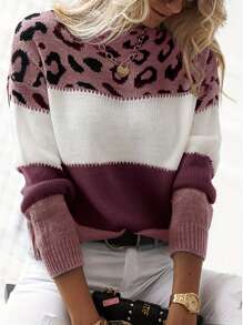 Women's Oversized Cute Colorblock Leopard Print Sweater, Casual Comfortable Ribbed Knit Crew Neck Pullover Long Sleeve Sweater Top, Anchor Red - Multicolor - View 4