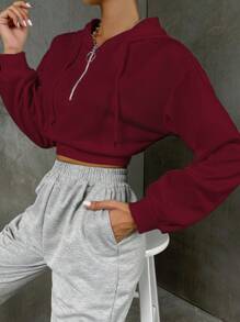 SHEIN Unity V-Neck Full Zip Long Sleeve Solid Color Casual Cropped Hoodie Sweatshirt For Women - Burgundy - View 6