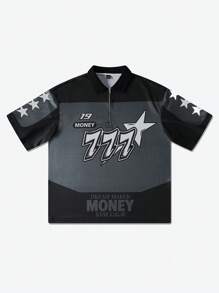 Manfinity EMRG 男士纯色拼接前拉链短袖字母印花休闲 Polo 衫 - 彩色 - 查看 3