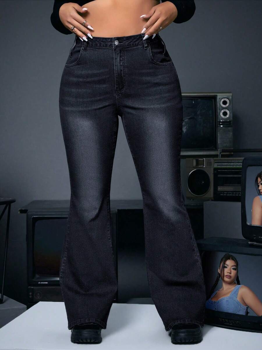 SHEIN ICON Quần Jeans Đơn Giản Thường Ngày Cho Nữ Cỡ Lớn - màu đen - Xem 1