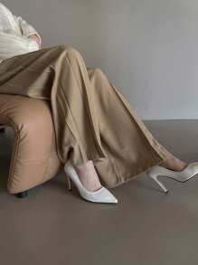 DAZY 女士纯色宽松褶皱商务休闲裤女士正装裤 - 卡其色 - 查看 1