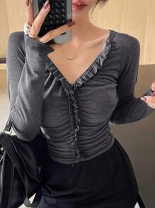 DAZY 女式纯色荷叶边拼接长袖休闲 T 恤，秋季 - 深灰色 - 查看 3