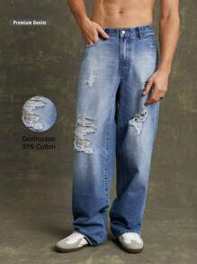 Men Premium 91% Cotton Denim Ripped Straight Leg Jeans