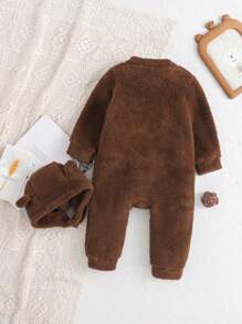 Bộ đồ liền thân dài tay và mũ tai nhung màu nâu có khóa kéo dành cho trẻ sơ sinh và trẻ nhỏ, phù hợp cho trẻ sơ sinh vào mùa thu/đông để mặc thường ngày, mặc ở nhà, đi chơi, chụp ảnh, v.v. Một bộ trang phục dễ thương, giản dị và ấm áp - màu nâu - Xem 2