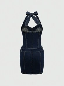 ROMWE J-Fashion 女士 Y2K 牛仔挂脖性感连衣裙 - 寶藍色 - 查看 4