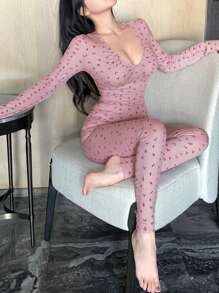 DAZY Ditsy Floral Deep V-Neck Long Sleeve Top And Skinny Pants Pajama Set, Fall Winter Clothes - Pink - View 4