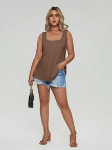 Calvaya Plus Size Solid Color Round Neck Casual Tank Top - Khaki - View 4
