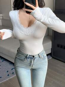 DAZY V-Neck Lace Splice Long Sleeve Women Fashion T-Shirt,Fall Clothes
