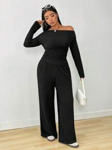 SHEIN EZwear 2pcs/Set Plus Size Women Casual Black Round Neck Long Sleeve Top And Pants Set - Black - View 7