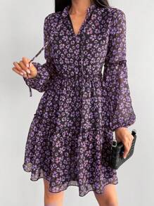 EURMUSE Váy midi tay đèn lồng họa tiết hoa nhỏ giản dị, mùa thu - Nhiều màu - Xem 6