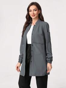 TaskEZ Plain Color Multi-Pocket Front Button Scrub Uniform Jacket - Grey - View 1