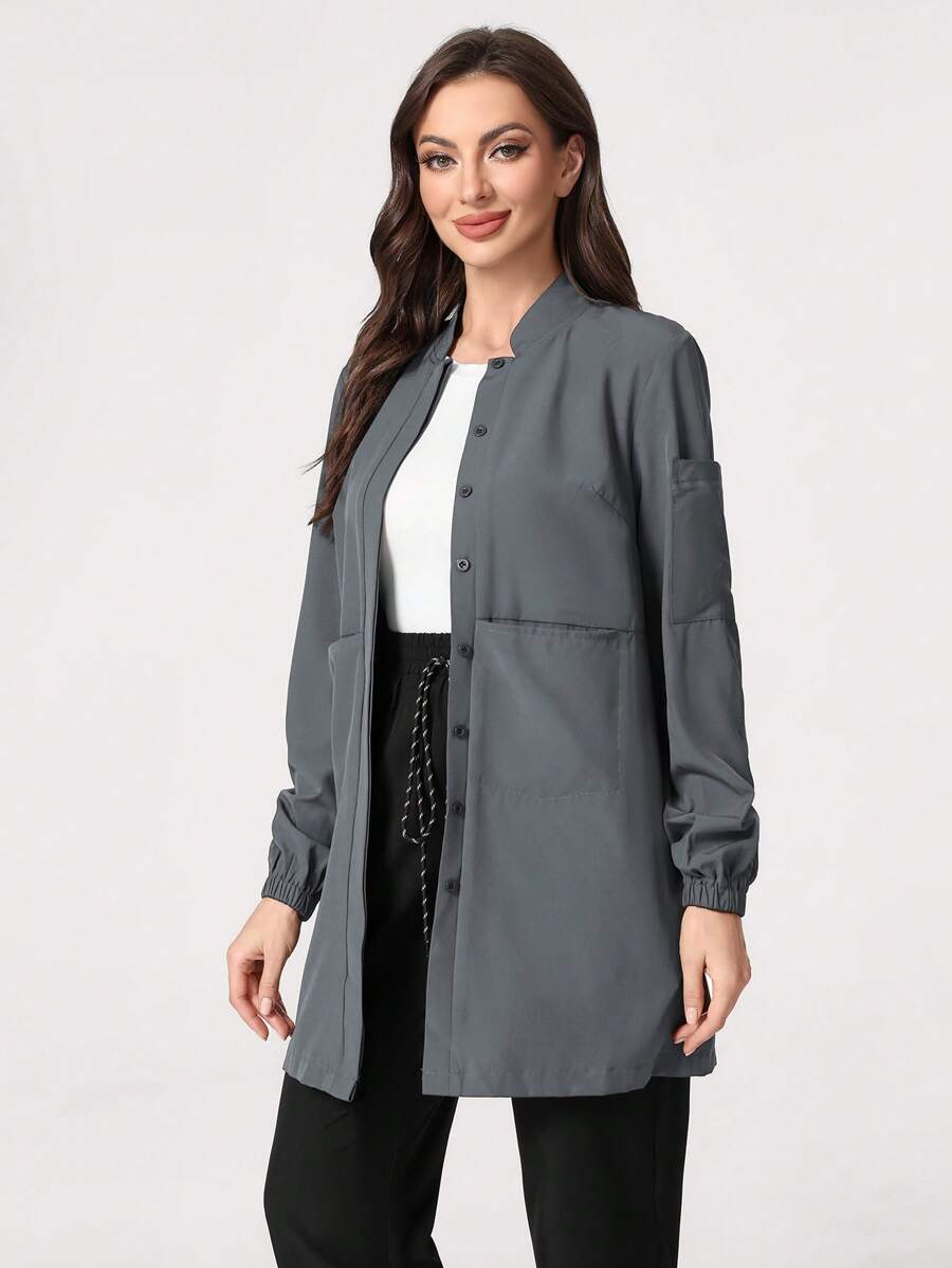 TaskEZ Plain Color Multi-Pocket Front Button Scrub Uniform Jacket - Grey - View 1