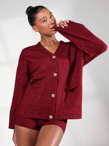 SHEIN BASICS Cárdigan de mujer de unicolor con bolsillos, informal para otoño/invierno