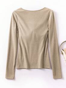 SHEIN BASICS 休闲纯色 V 领长袖加垫修身女式 T 恤 - 卡其色 - 查看 2