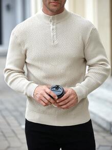 Manfinity Homme Men's Casual Solid Color Stand Collar Sweater, Autumn/Winter - Khaki - View 5
