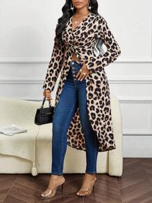 SHEIN Lady Leopard Print Shirt V-Neck Long-Sleeved Shirt Elegant Shirt With Front Twist Design Long Sleeve Shirt Mexican Tops Fall Women Tops