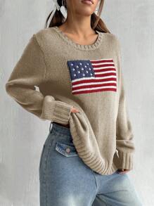 SHEIN EZwear Áo len thường ngày cổ tròn dài tay in hình cờ Hoa Kỳ cho nữ, Thu/Đông - Màu Khaki - Xem 3