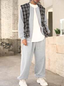 Manfinity Homme Men's Casual Plaid Patchwork Hoodie And Sweatpants Set - Light Grey - View 4