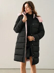 Anewsta 女士中长款可拆卸撞色连帽厚垫大衣 - 黑色 - 查看 1