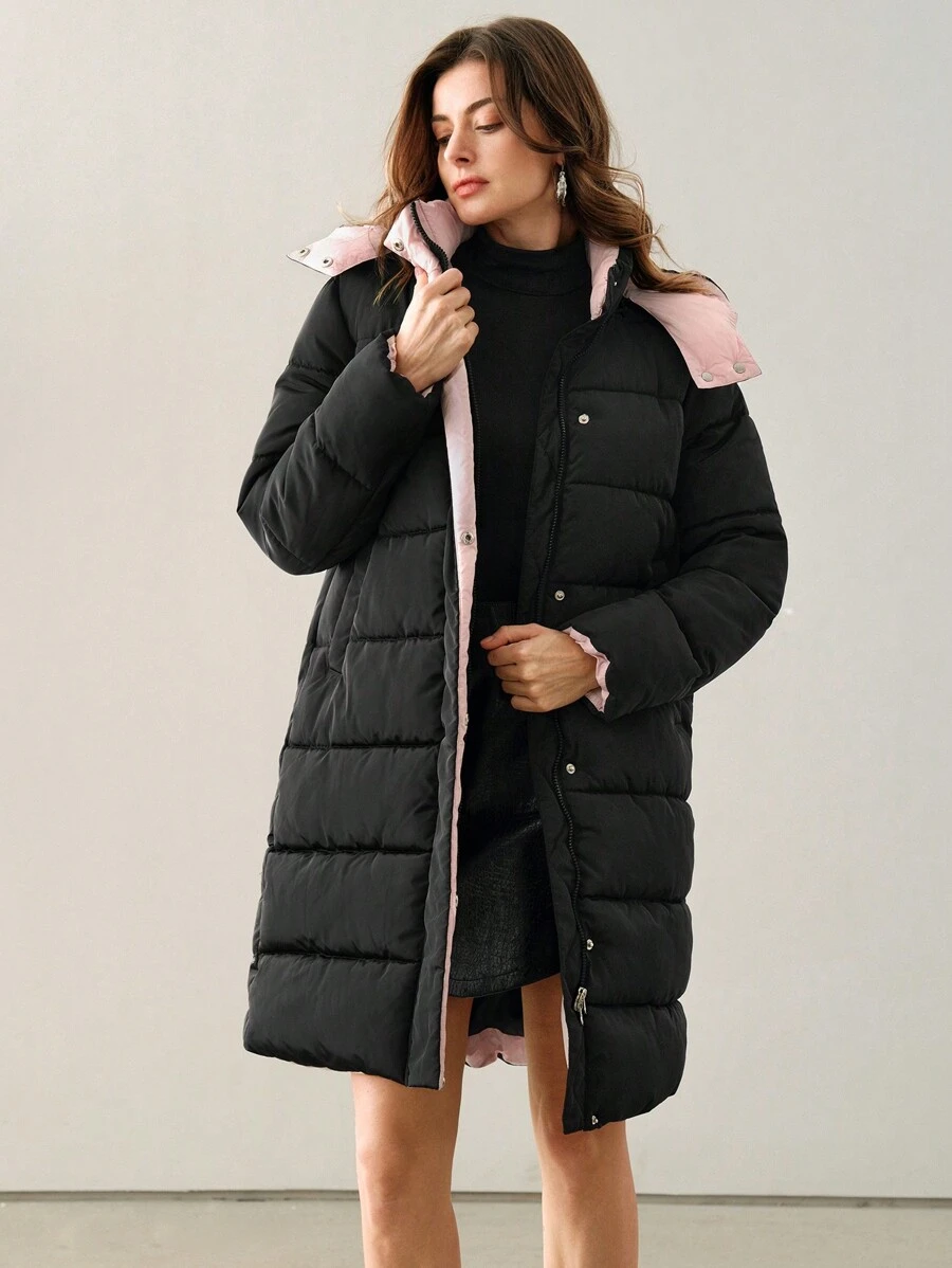 Anewsta 女士中长款可拆卸撞色连帽厚垫大衣 - 黑色 - 查看 1