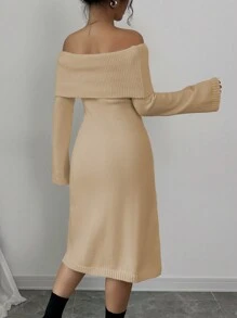 Selianne Váy len dài tay hở vai, viền chữ A, màu be ấm áp cho nữ, mùa thu/đông - Màu be - Xem 2
