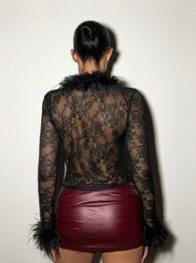 EgrlEra Women's Sexy Lace Sheer With Fluffy Patchwork Tie Waist Women Top Y2K Outfit  - Black - View 2