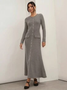 COSMINA Váy len dài tay cài nút phía trước thanh lịch cho nữ mùa thu, dành cho công việc giáo viên - Xám - Xem 3