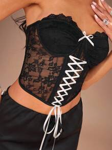 SHEIN SXY 黑色上衣；秋季女装；短款上衣；蕾丝上衣；优雅性感约会黑色弹力蕾丝配白色丝带点缀紧身胸衣上衣配胸罩杯；优雅女士服装，适合日常约会、夜总会、派对和情人节活动 - 黑色 - 查看 5