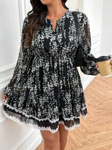 SHEIN Frenchy فستان قصير مطبوع بخصر محشور لسيدات البدناء ، فستان أنيق طويل الأكمام باللون الأسود - متعدد الألوان - مشاهدة 1