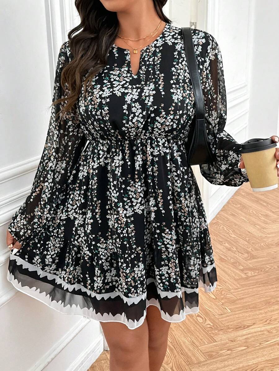 SHEIN Frenchy فستان قصير مطبوع بخصر محشور لسيدات البدناء ، فستان أنيق طويل الأكمام باللون الأسود - متعدد الألوان - مشاهدة 1