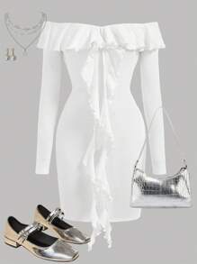 Girlism Teen Girls White Elegant Off Shoulder Ruffle Long Sleeve Tie Cuff Dress - White - View 1