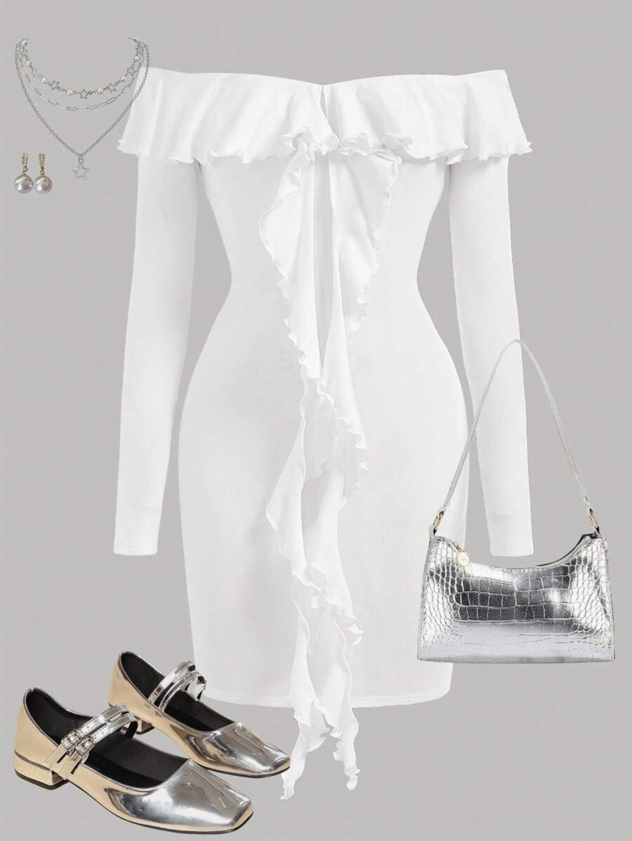 Girlism Teen Girls White Elegant Off Shoulder Ruffle Long Sleeve Tie Cuff Dress - White - View 1
