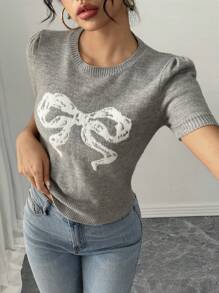 SHEIN Unity 1pc Women's Cute Jacquard Bow Knitted Sweater, Suitable For All Seasons - Grey - View 4