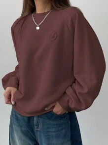 DAZY Pattern Embroidered Loose Fit Crew Neck Long Sleeve Women Sweatshirt - Coffee Brown - View 5