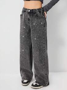 Sparklyn 少女 Y2K 别致都市街头风格闪亮钻石熨烫细节舒适松紧腰阔腿牛仔裤，女孩必备时尚单品 - 灰色 - 查看 2