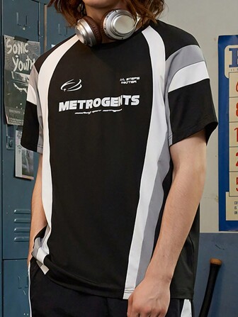 Sport MetroGents T-shirt et débardeur casual de sport style petit ami pour hommes avec imprimé bicolore et lettrage