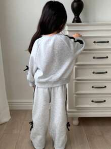 Dazy Kids 2pcs/Set Young Girl Round Neck Knit Sweatshirt Sets, Fall - Light Grey - View 4