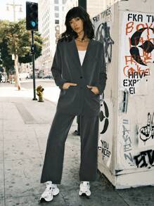 SHEIN EZwear 2 件套编织女士西装套装：灰色西装外套和裤子 - 灰色 - 查看 7