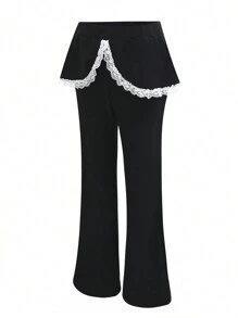 Quần legging dài loe ren hoa thời trang trơn màu đen cho bé gái tuổi teen - màu đen - Xem 1